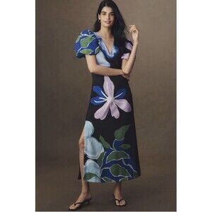 Anthropologie Puff Sleeve A Line Maxi Dress Sz Md Black Pattern